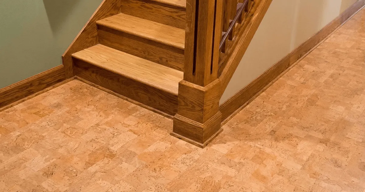 End of a staircase with cork flooring in Norfolk, VA