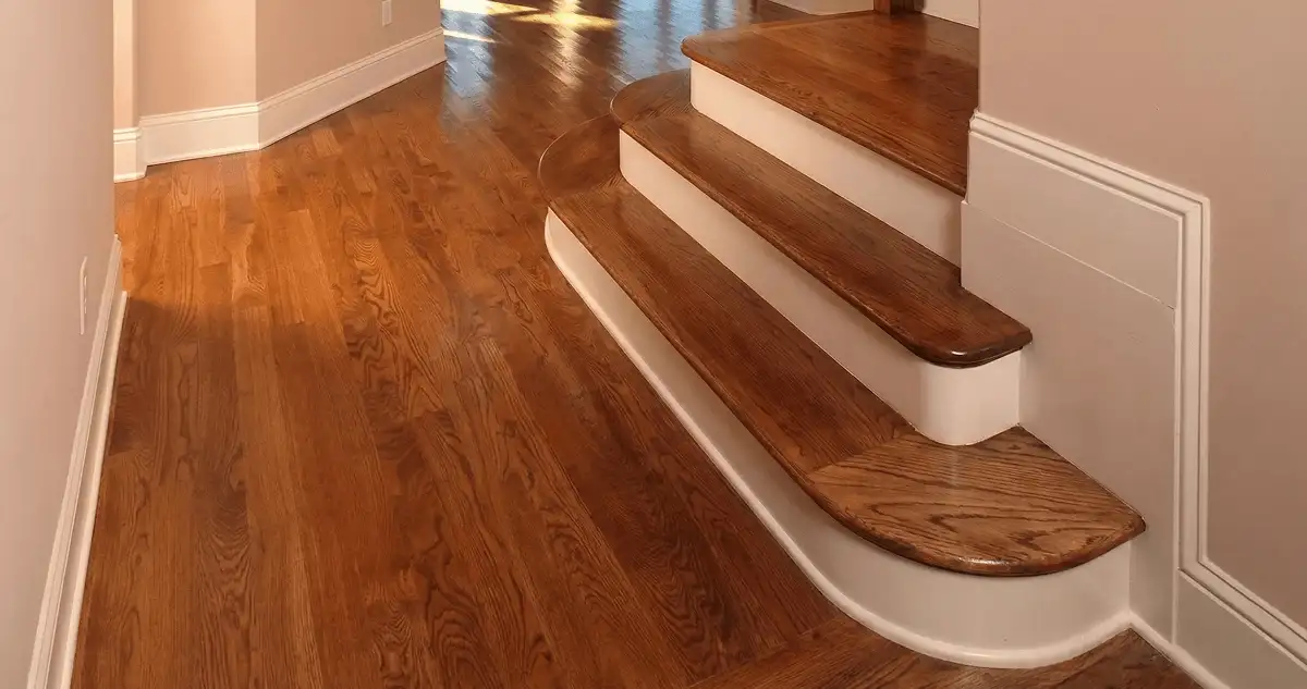 Base floor of a staircase with professionally restored wood flooring in Norfolk VA