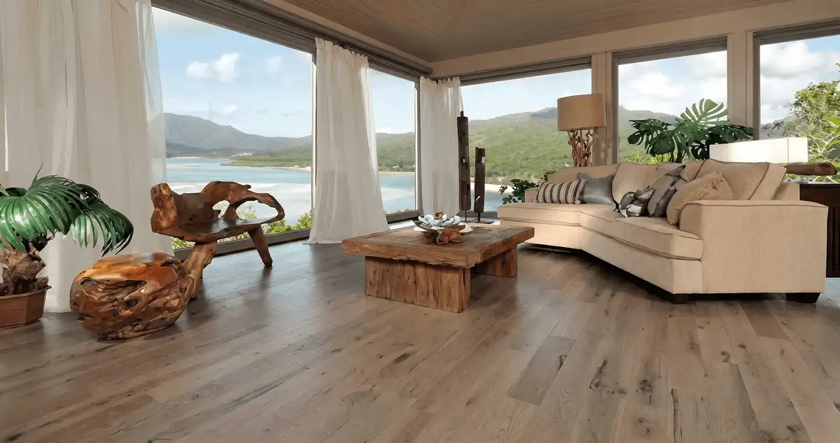 Professionally installed vinyl flooring in a modern living room with large windows in Norfolk, VA