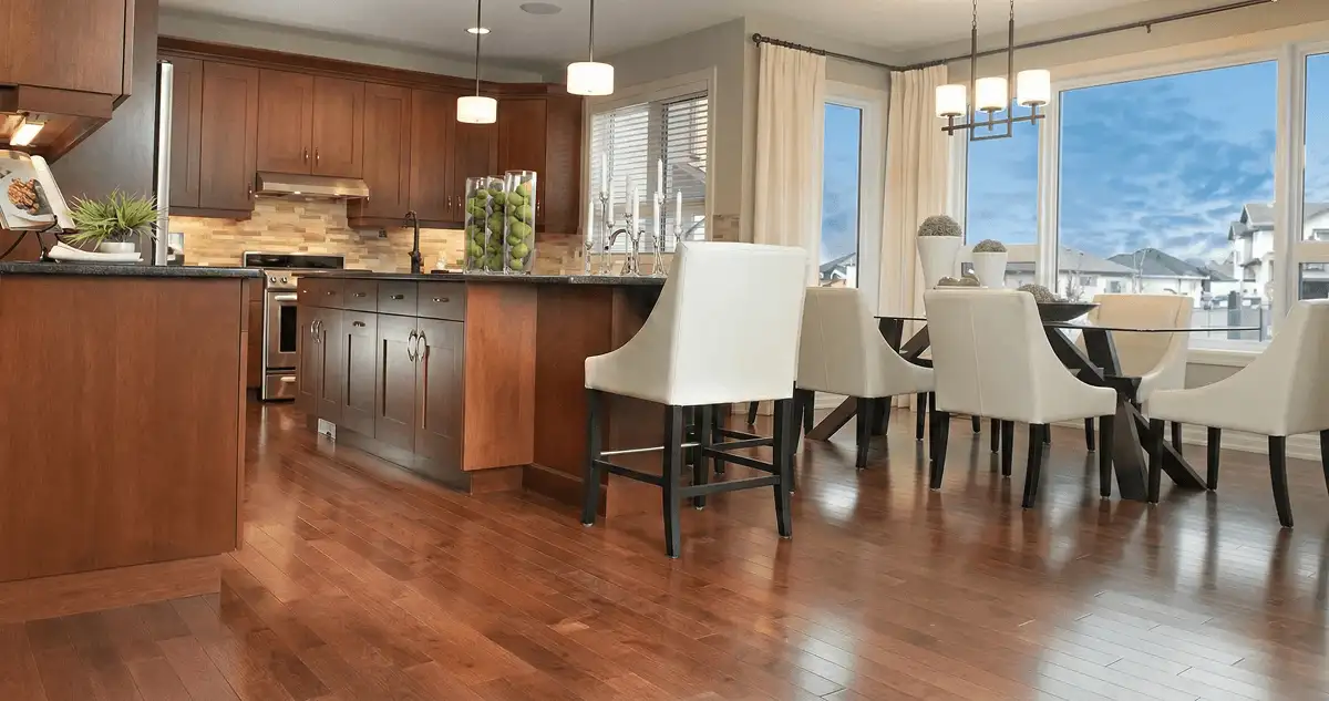 A modern kitchen with professionally installed wood flooring in Norfolk, VA